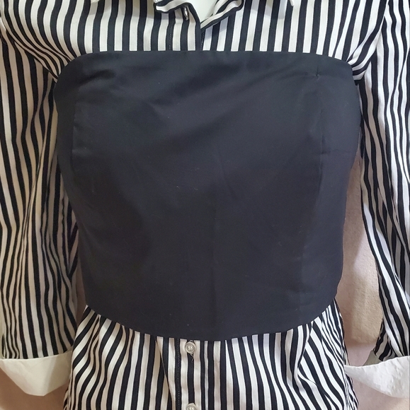 Like NEW New York & Co Striped Button Down Shirt w/ Black Corset Overlay Sz S - Picture 2 of 14